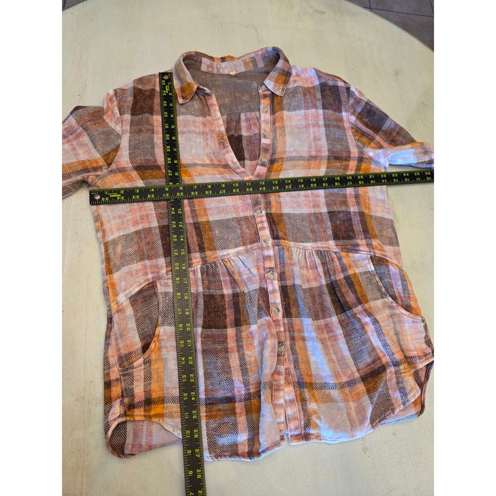 Free People Women's Plaid Flannel Button Down Top Pockets SZ Small Oversized - Picture 10 of 10